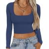 Ekouaer Womens 3 Pack Long Sleeve Crop Tops Square Neck Ribbed Slim Fitted Base Layer Basic Shirt Thermal Undershirts XS-XXL(Black/White/Navy)