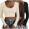 Ekouaer Long Sleeve Crop Tops for Women Scroop Neck Lightweight Basic Base Layer Thermal Undershirts Shirts Black/Beige/Brown L
