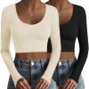 Ekouaer Long Sleeve Crop Tops for Women Scroop Neck Lightweight Basic Base Layer Thermal Undershirts Shirts(Black/Beige)