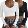 Ekouaer Long Sleeve Crop Tops for Women Scroop Neck Lightweight Basic Base Layer Thermal Undershirts Shirts(Black/White)
