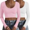Ekouaer Long Sleeve Crop Tops for Women Scroop Neck Lightweight Basic Base Layer Thermal Undershirts Shirts(White/Pink)