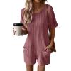 Ekouaer Rompers for Women Casual Ribbed Short Sleeve T-Shirt Tee Romper Summer Outfits with Pockets 2026(Maroon)