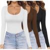 Ekouaer Womens 3 Pack Long Sleeve Shirts Scoop Neck Tops Stretch Fitted Undershirt Lightweight Basic Thermal Tee XS-XXL(Black/White/Coffee)