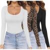 Ekouaer Womens 3 Pack Long Sleeve Shirts Scoop Neck Tops Stretch Fitted Undershirt Lightweight Basic Thermal Tee XS-XXL(Black/White/Leopard)