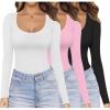 Ekouaer Womens 3 Pack Long Sleeve Shirts Scoop Neck Tops Stretch Fitted Undershirt Lightweight Basic Thermal Tee XS-XXL(Black/White/Pink)
