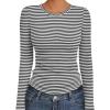 Ekouaer Womens Long Sleeve Shirts Crew Neck Stretchy Fitted Ribbed Tops Basic Base Layer Soft Thermal Undershirts Tee(Black White Stripe)