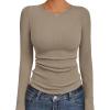 Ekouaer Womens Long Sleeve Shirts Crew Neck Stretchy Fitted Ribbed Tops Basic Base Layer Soft Thermal Undershirts Tee(Khaki)