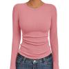 Ekouaer Womens Long Sleeve Shirts Crew Neck Stretchy Fitted Ribbed Tops Basic Base Layer Soft Thermal Undershirts Tee(Rose Pink)