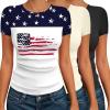 Ekouaer Womens Short Sleeve Shirts 3 Pack Crew Neck Tops Slim Fit Basic Tees Trendy Clothes Base Layer(3pcs Black/ Beige/ Print Flag)