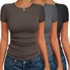Ekouaer Womens Short Sleeve Shirts 3 Pack Crew Neck Tops Slim Fit Basic Tees Trendy Clothes Base Layer(3pcs Black/ Dark Gray/ Chestnut Brown)