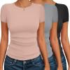 Ekouaer Womens Short Sleeve Shirts 3 Pack Crew Neck Tops Slim Fit Basic Tees Trendy Clothes Base Layer(3pcs Black/ Light Gray/ Dirty Pink)
