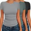Ekouaer Womens Short Sleeve Shirts 3 Pack Crew Neck Tops Slim Fit Basic Tees Trendy Clothes Base Layer(3pcs Black/ Sage Green/ Light Gray)
