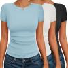 Ekouaer Womens Short Sleeve Shirts 3 Pack Crew Neck Tops Slim Fit Basic Tees Trendy Clothes Base Layer(3pcs Black/ White/ Light Blue)