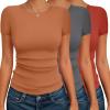 Ekouaer Womens Short Sleeve Shirts 3 Pack Crew Neck Tops Slim Fit Basic Tees Trendy Clothes Base Layer(3pcs Caramel/ Dark Gray/ Red)