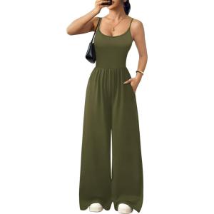 Ekouaer Jumpsuits for Women Sleeveless Spaghetti Strap Womens Jumpsuit One Piece Wide Leg Summer Romper With Pockets 2026(Army Green)