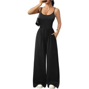 Ekouaer Jumpsuits for Women Sleeveless Spaghetti Strap Womens Jumpsuit One Piece Wide Leg Summer Romper With Pockets 2026(Black)