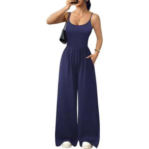 Ekouaer Jumpsuits for Women Sleeveless Spaghetti Strap Womens Jumpsuit One Piece Wide Leg Summer Romper With Pockets 2026(Navy Blue)