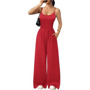 Ekouaer Jumpsuits for Women Sleeveless Spaghetti Strap Womens Jumpsuit One Piece Wide Leg Summer Romper With Pockets 2026(True Red)