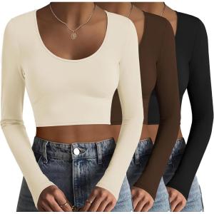Ekouaer Long Sleeve Crop Tops for Women Scroop Neck Lightweight Basic Base Layer Thermal Undershirts Shirts Black/Beige/Brown L