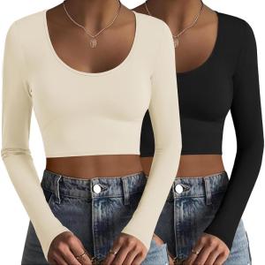 Ekouaer Long Sleeve Crop Tops for Women Scroop Neck Lightweight Basic Base Layer Thermal Undershirts Shirts(Black/Beige)