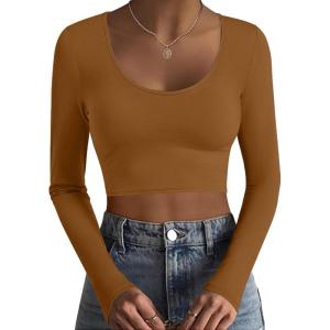 Ekouaer Long Sleeve Crop Tops for Women Scroop Neck Lightweight Basic Base Layer Thermal Undershirts Shirts(Light Brown)