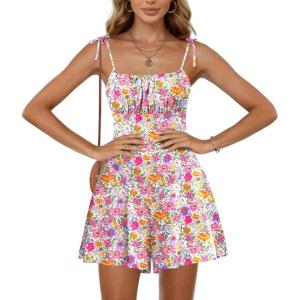 Ekouaer Rompers for Women Boho Floral Summer Romper Sleeveless Spaghetti Strap Smocked Loose Casual Shorts Jumpsuits(Colorful Flowers)