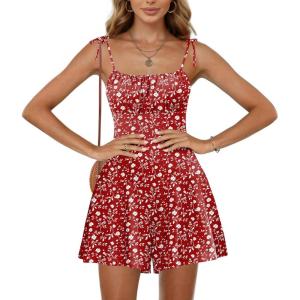 Ekouaer Rompers for Women Boho Floral Summer Romper Sleeveless Spaghetti Strap Smocked Loose Casual Shorts Jumpsuits(Red White Flowers)