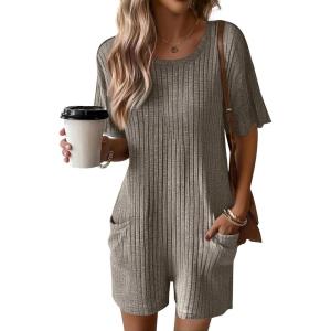 Ekouaer Rompers for Women Casual Ribbed Short Sleeve T-Shirt Tee Romper Summer Outfits with Pockets 2026(Coffeebrown)
