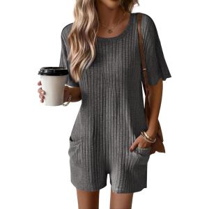 Ekouaer Rompers for Women Casual Ribbed Short Sleeve T-Shirt Tee Romper Summer Outfits with Pockets 2026(Dark Grey)