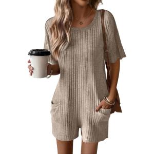 Ekouaer Rompers for Women Casual Ribbed Short Sleeve T-Shirt Tee Romper Summer Outfits with Pockets 2026(Khaki2)