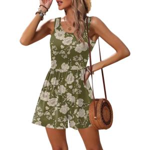 Ekouaer Rompers for Women Summer Romper Sleeveless Scoop Neck Short Jumpsuits for Women Beach Jumpsuit with Pockets 2026(Army Green Floral)