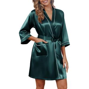 Ekouaer Silky Robes for Women Satin Knee Length Bride Bridesmaid Wedding Party Bathrobe Lightweight Sleepwear with Pockets(Dark Green)