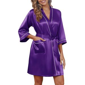 Ekouaer Silky Robes for Women Satin Knee Length Bride Bridesmaid Wedding Party Bathrobe Lightweight Sleepwear with Pockets(Deep Purple)