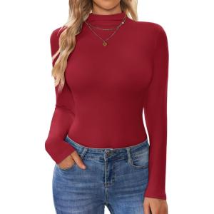 Ekouaer Turtleneck Shirt Women Long Sleeve Mock Neck Slim Fit Tops Thermal Base Layer Soft Lightweight Stretch Undershirts(Dark Red)