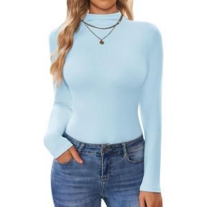 Ekouaer Turtleneck Shirt Women Long Sleeve Mock Neck Slim Fit Tops Thermal Base Layer Soft Lightweight Stretch Undershirts(Light Blue)