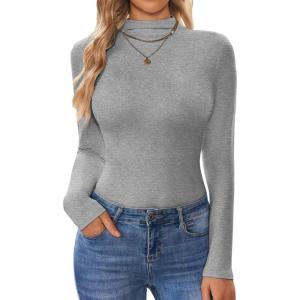 Ekouaer Turtleneck Shirt Women Long Sleeve Mock Neck Slim Fit Tops Thermal Base Layer Soft Lightweight Stretch Undershirts(Light Gray)