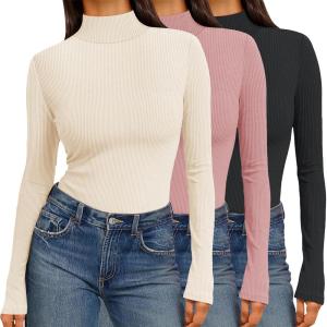Ekouaer Women 3 Pack Turtleneck Shirts Ribbed Thermal Underwear Tops Lightweight Long Sleeve Layer Tees Basic Pullover Blouse(Black/Beige/Dirty Pink)