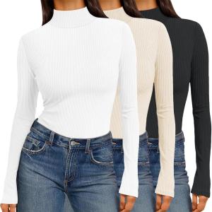 Ekouaer Women 3 Pack Turtleneck Shirts Ribbed Thermal Underwear Tops Lightweight Long Sleeve Layer Tees Basic Pullover Blouse(Black/Beige/White)