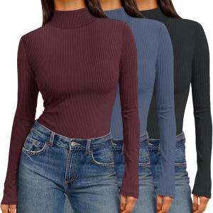 Ekouaer Women 3 Pack Turtleneck Shirts Ribbed Thermal Underwear Tops Lightweight Long Sleeve Layer Tees Basic Pullover Blouse(Black/Blue Grey/Dark Red)