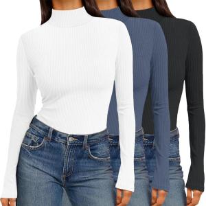 Ekouaer Women 3 Pack Turtleneck Shirts Ribbed Thermal Underwear Tops Lightweight Long Sleeve Layer Tees Basic Pullover Blouse(Black/Blue Grey/White)