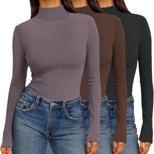 Ekouaer Women 3 Pack Turtleneck Shirts Ribbed Thermal Underwear Tops Lightweight Long Sleeve Layer Tees Basic Pullover Blouse(Black/Brown/Dark Grey)