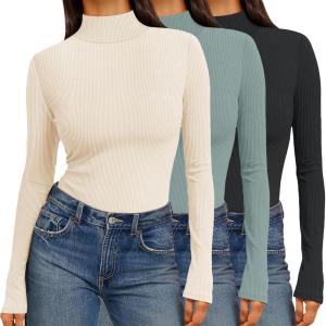 Ekouaer Women 3 Pack Turtleneck Shirts Ribbed Thermal Underwear Tops Lightweight Long Sleeve Layer Tees Basic Pullover Blouse(Black/Green Grey/Beige)