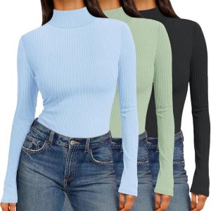 Ekouaer Women 3 Pack Turtleneck Shirts Ribbed Thermal Underwear Tops Lightweight Long Sleeve Layer Tees Basic Pullover Blouse(Black/Light Green/Light Blue)