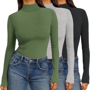Ekouaer Women 3 Pack Turtleneck Shirts Ribbed Thermal Underwear Tops Lightweight Long Sleeve Layer Tees Basic Pullover Blouse(Black/Light Grey/Army Green)