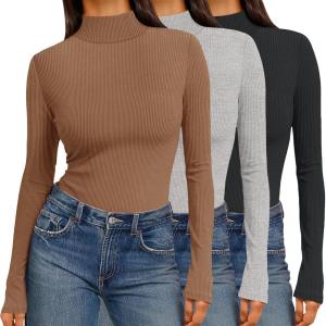 Ekouaer Women 3 Pack Turtleneck Shirts Ribbed Thermal Underwear Tops Lightweight Long Sleeve Layer Tees Basic Pullover Blouse(Black/Light Grey/Light Brown)