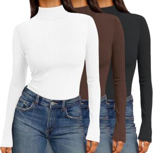 Ekouaer Women 3 Pack Turtleneck Shirts Ribbed Thermal Underwear Tops Lightweight Long Sleeve Layer Tees Basic Pullover Blouse(Black/White/Brown)