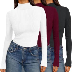 Ekouaer Women 3 Pack Turtleneck Shirts Ribbed Thermal Underwear Tops Lightweight Long Sleeve Layer Tees Basic Pullover Blouse(Black/White/Dark Red)