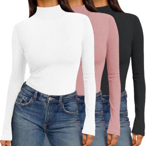 Ekouaer Women 3 Pack Turtleneck Shirts Ribbed Thermal Underwear Tops Lightweight Long Sleeve Layer Tees Basic Pullover Blouse(Black/White/Dirty Pink)