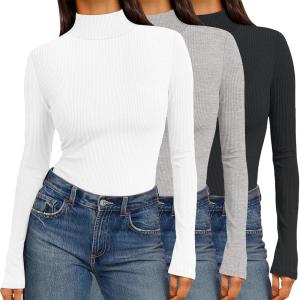 Ekouaer Women 3 Pack Turtleneck Shirts Ribbed Thermal Underwear Tops Lightweight Long Sleeve Layer Tees Basic Pullover Blouse(Black/White/Light Grey)