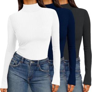Ekouaer Women 3 Pack Turtleneck Shirts Ribbed Thermal Underwear Tops Lightweight Long Sleeve Layer Tees Basic Pullover Blouse(Black/White/Navy Blue)